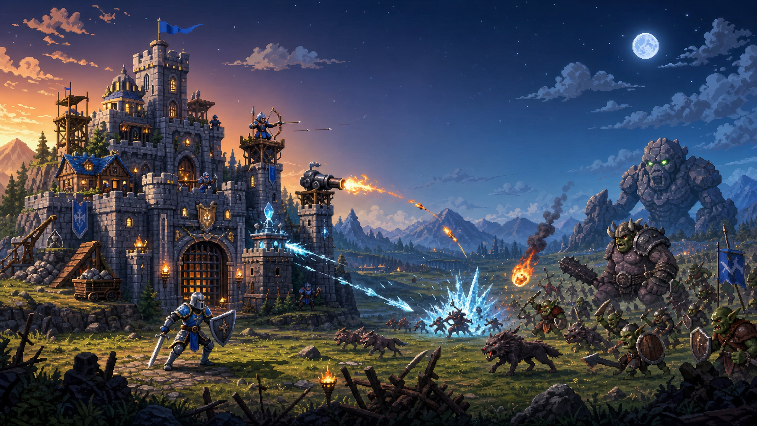 Keep Rising key art — a moonlit stone castle firing cannons and frost magic at a horde of orcs, wolves and a stone golem